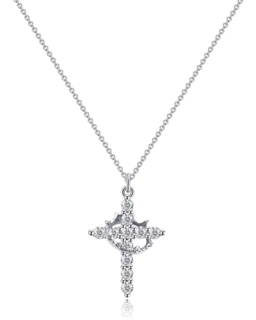 Silver Cross Crown Pendant Necklace