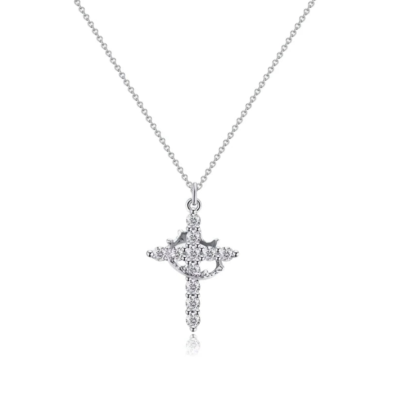 Silver Cross Crown Pendant Necklace